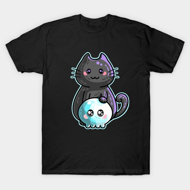 Kawaii Cute Black Cat and Skull T-Shirt by freeves